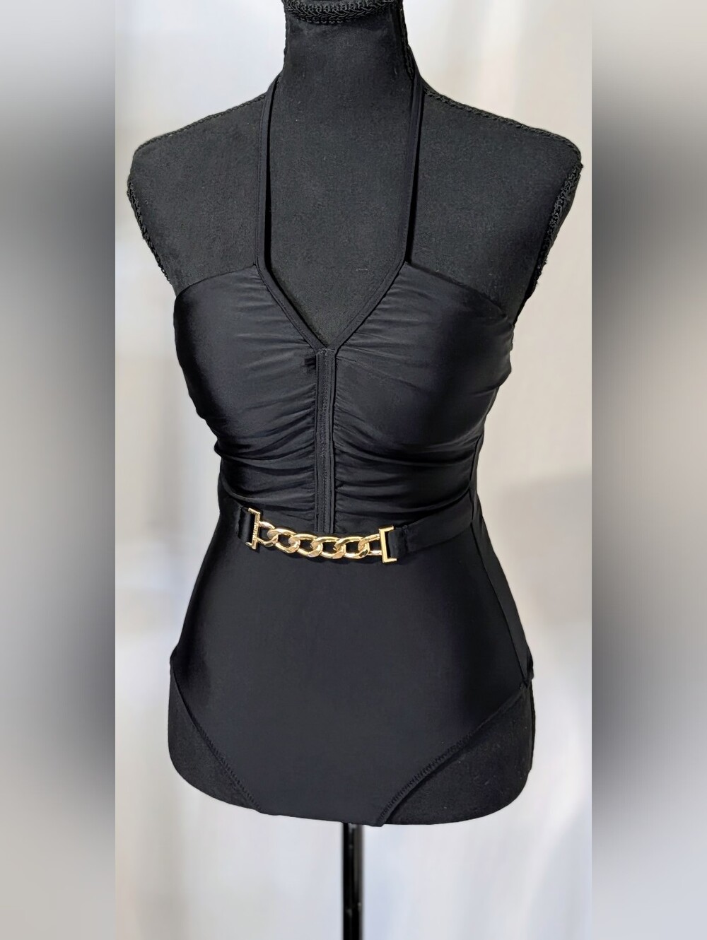 NWT L'AGENCE Leila Black Gold Chain Halter One Piece Swimsuit XS